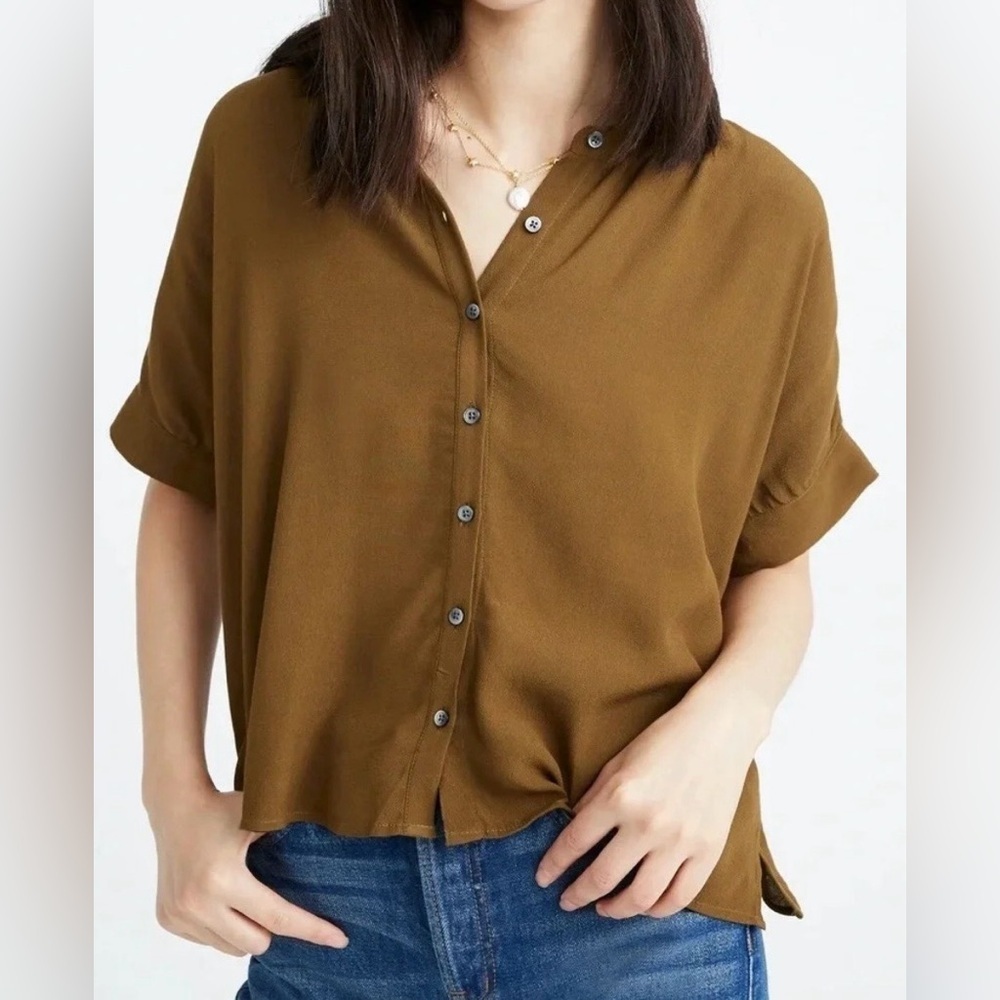Madewell Women’s Getaway Cropped Oversized Button Down Shirt Olive Green Size XS